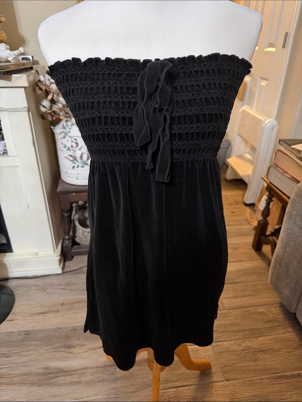 2003 Vintage Juicy Couture Black Velour Smocked Tube Dress Strapless Size S
